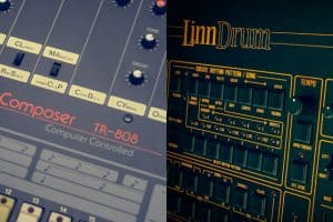 A part visible of the Roland TR-808 drum computer and also of the Linn Electronics LinnDrum drum computer