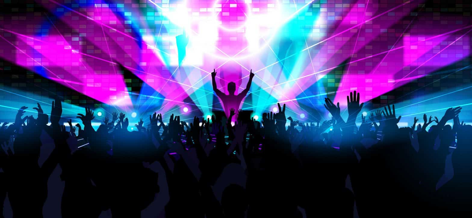 Electronic dance music festival with silhouettes of happy dancing people with raised hands
